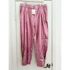 Lanhtropy Watermelon Pink Lime Gramercy Metallic Linen Pants Joggers Large NWT